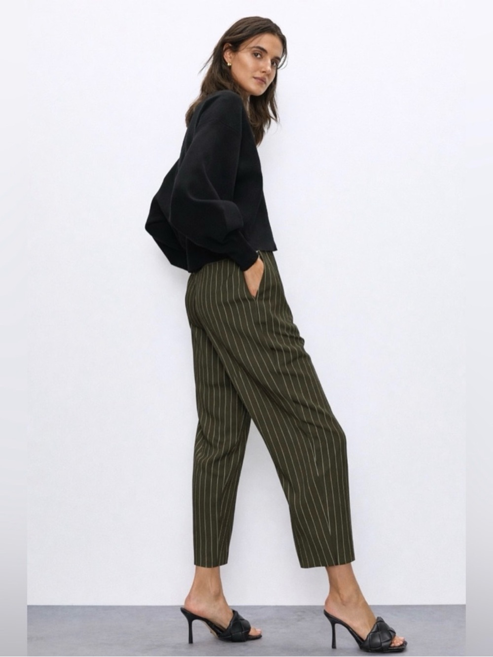 Aritzia Babaton Olive Pinstripe Modesto Pleated Trousers